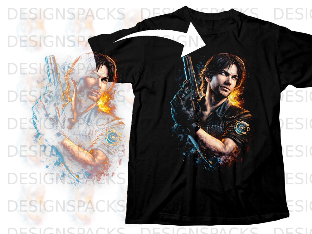 Black t-shirt with a graphic of a man holding a gun and surrounded by flames.