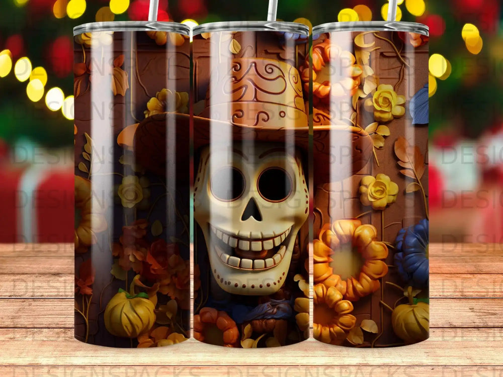 Sugar skull with floral and pumpkin accents on a wood-textured background.