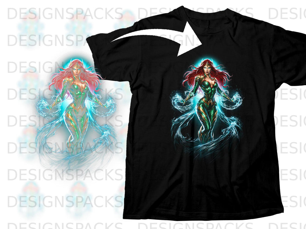 Black t-shirt with Mera from Aquaman artwork, controlling water with glowing hands.