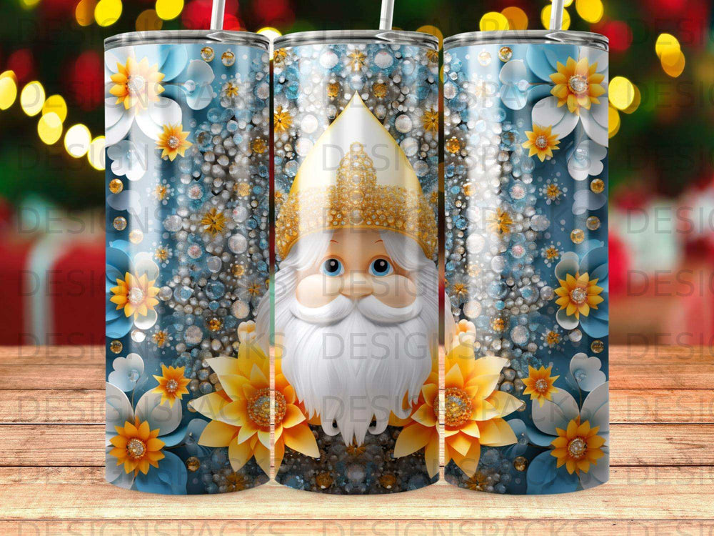 Santa Claus with blue and yellow flowers on a sparkly background.