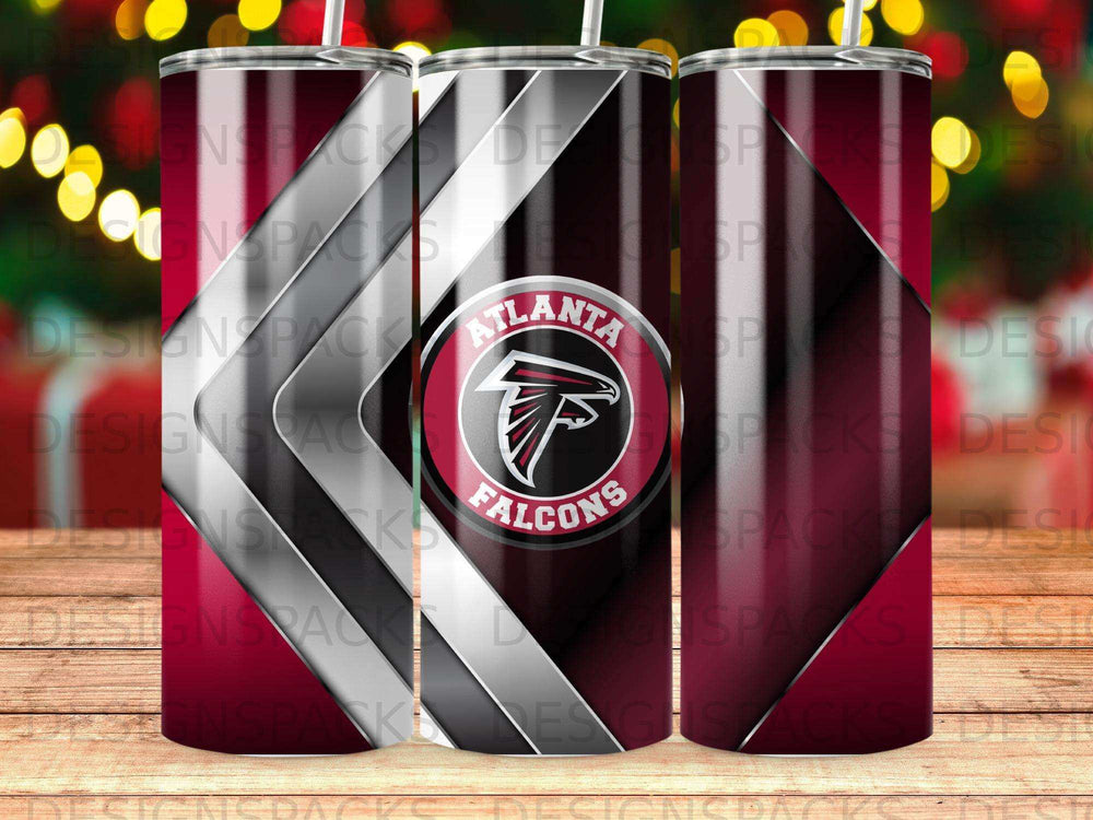 Atlanta Falcons logo on a red and gray striped tumbler.
