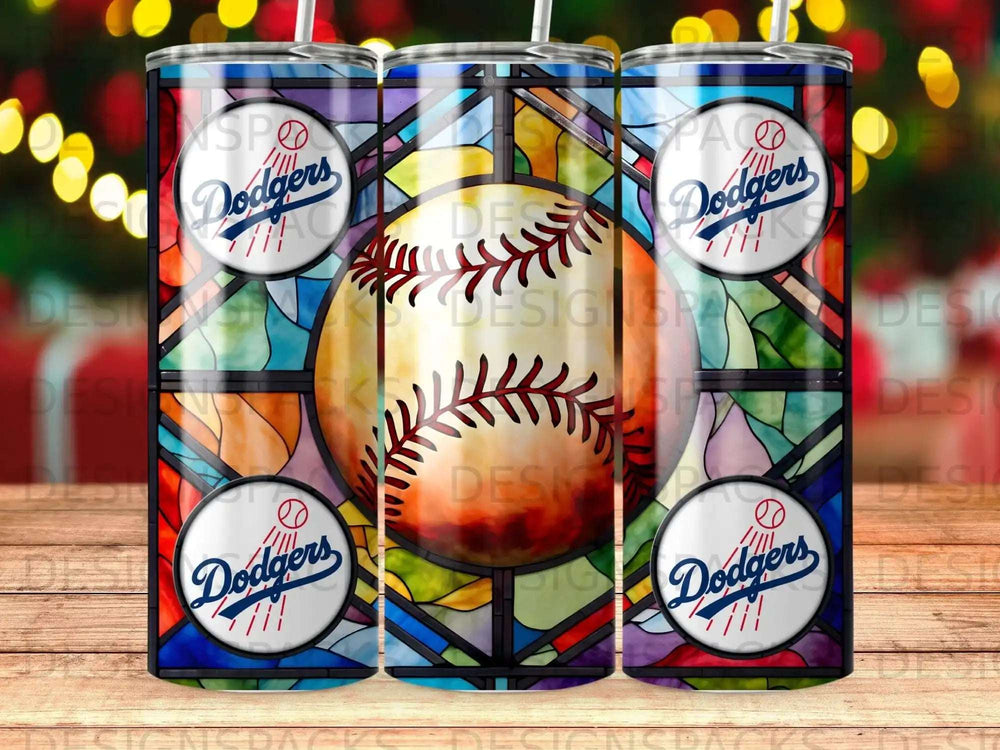 Baseball with Los Angeles Dodgers logo on stained glass background.