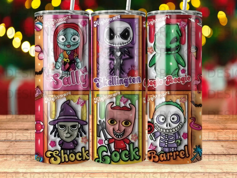 The Nightmare Before Christmas characters Sally, Jack Skellington, Oogie Boogie, Shock, Lock, and Barrel on a tumbler.