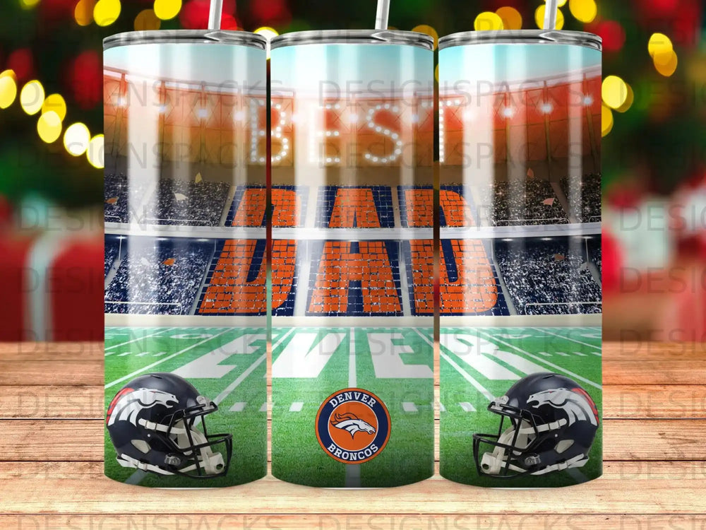 Denver Broncos stadium with helmets and "DADS" text.