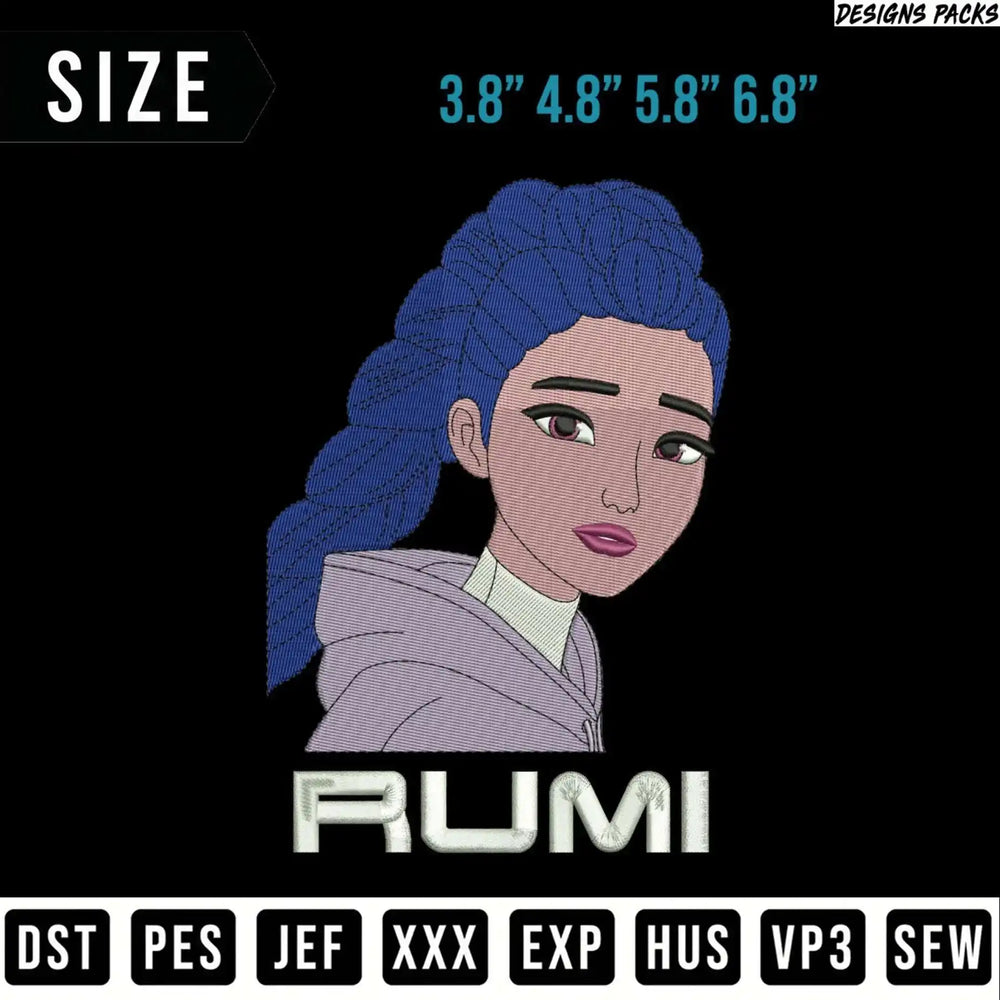 Rumi character embroidery design with size and file format options.