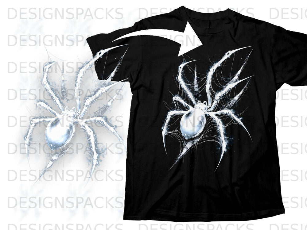 Black t-shirt with a white, icy spider web graphic and an iridescent spider.