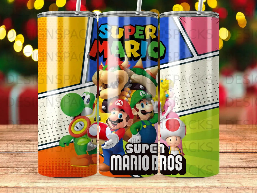 Super Mario Bros characters and logo on three patterned tumblers.
