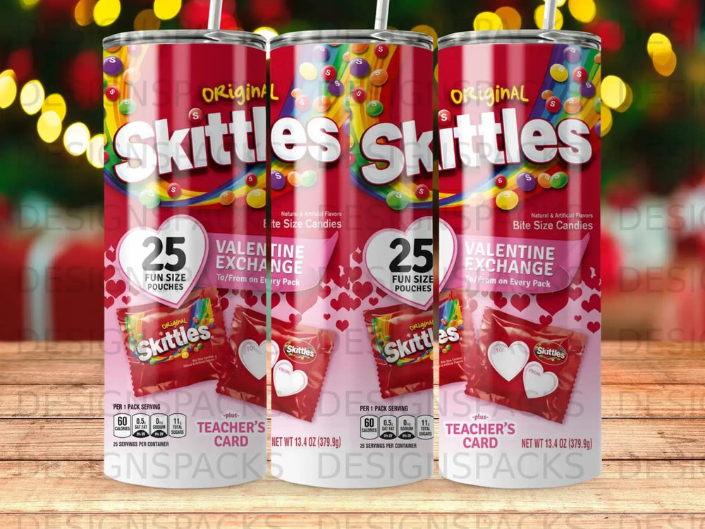 Three Skittles Valentine's Day fun size pouches with nutrition facts and "Teacher's Card" label.