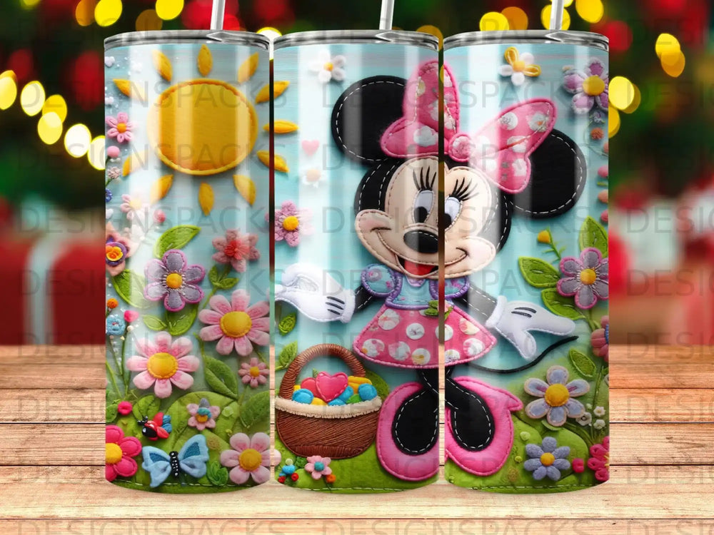 Minnie Mouse in a floral dress with a basket, surrounded by flowers and butterflies.