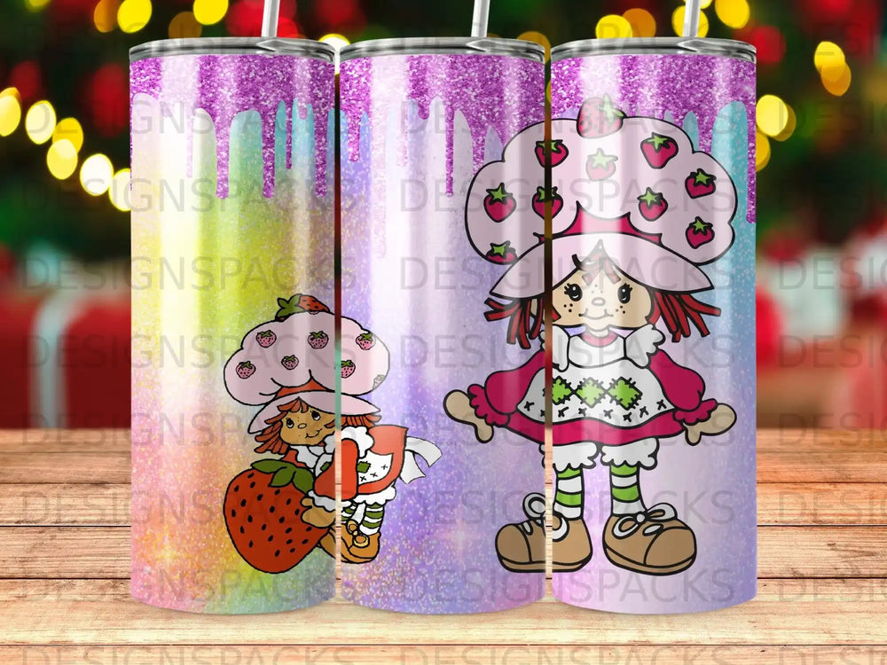 Strawberry characters with colorful backgrounds on three tumblers.