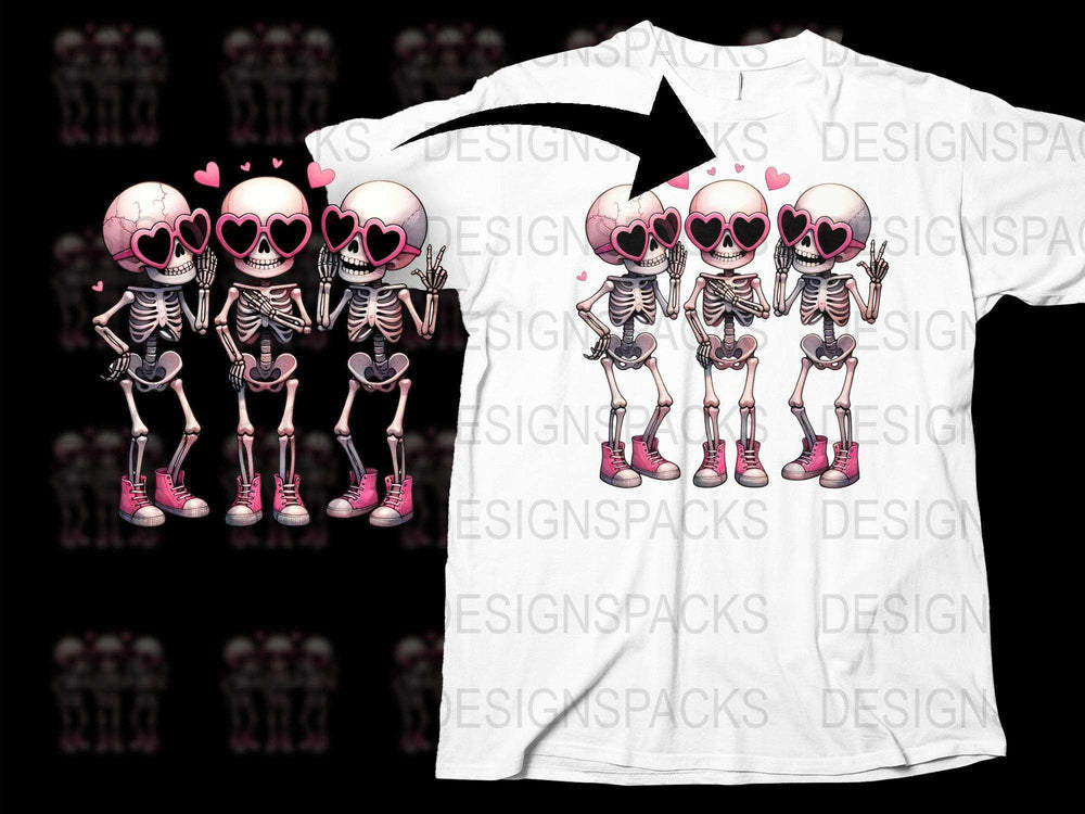 Fun Skeleton Family T-Shirt, Cute Hearts Eyes Graphic, Unisex White Tee, Casual Streetwear, Trendy Skull Design, Cool Apparel