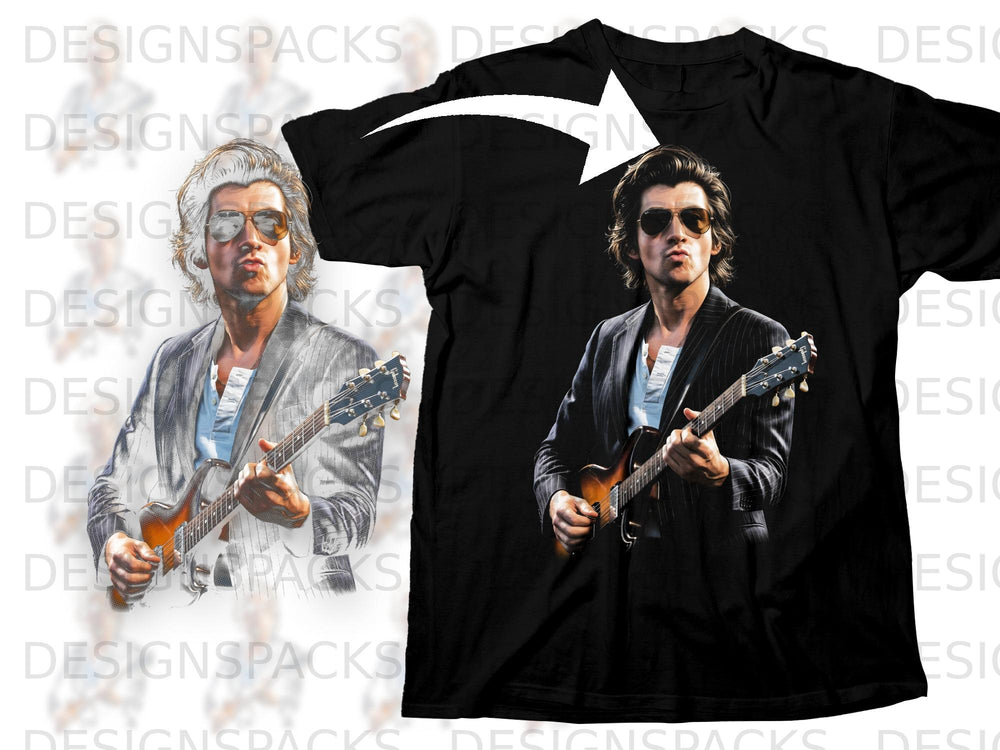 Alex Turner playing guitar in a suit on a black t-shirt graphic.
