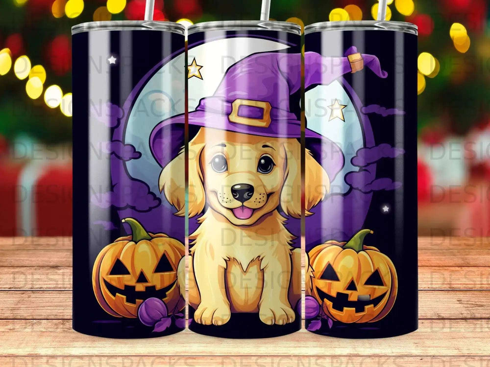 Golden retriever puppy in witch hat with pumpkins, Halloween design.