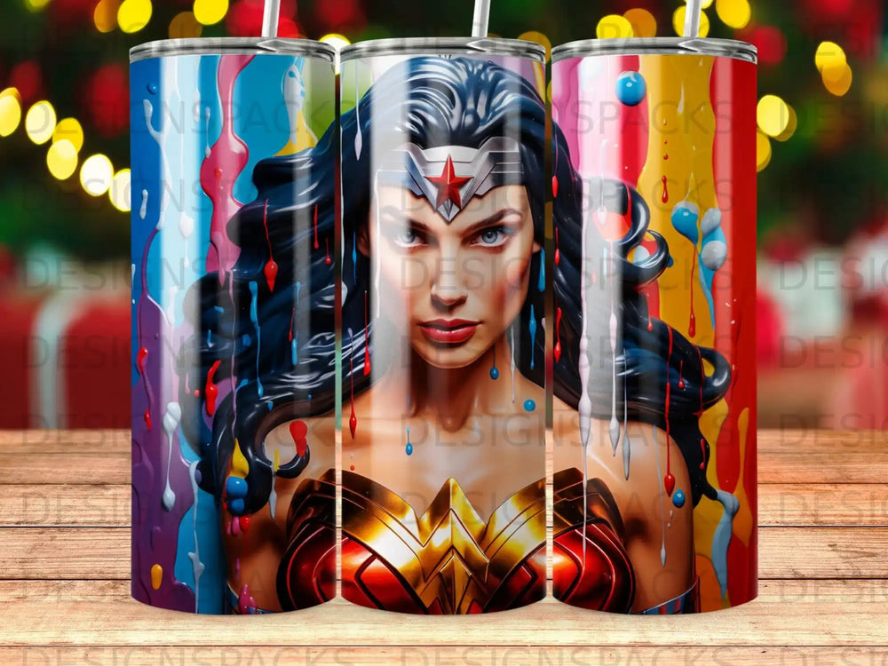 Wonder Woman illustration with colorful paint splatter background.