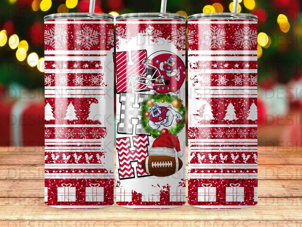 Two tumblers with "HO HO HO" text and holiday snowflake pattern.
