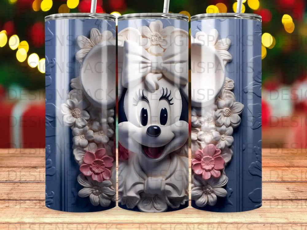 Minnie Mouse with floral designs on a blue striped tumbler.