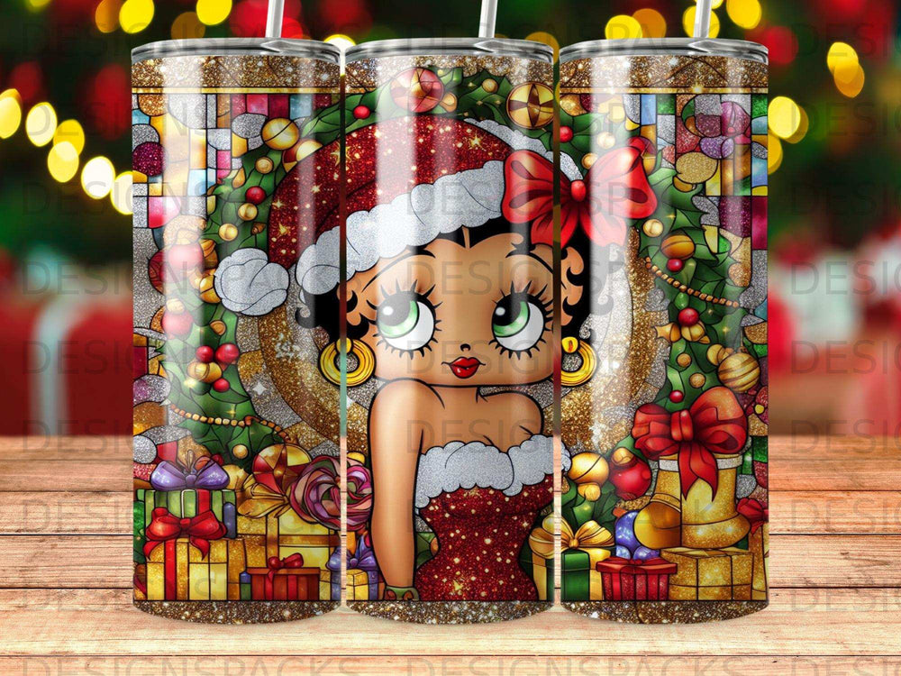 Betty Boop in Santa hat with Christmas gifts and sparkly background.
