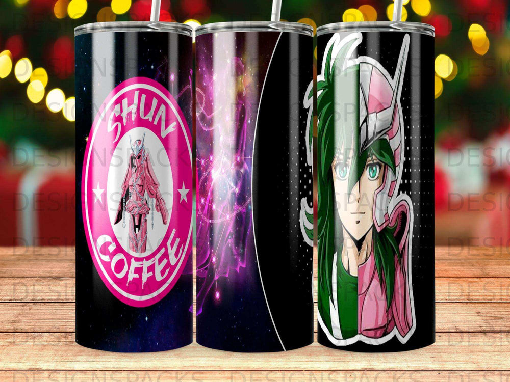 Shun's coffee tumbler with anime character art and pink lightning.