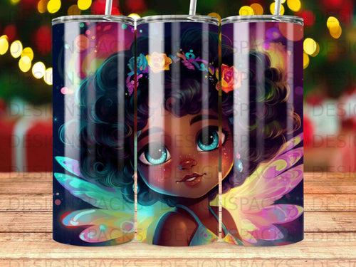 Tangled fairy girl with butterfly wings and flower crown, holding a straw.