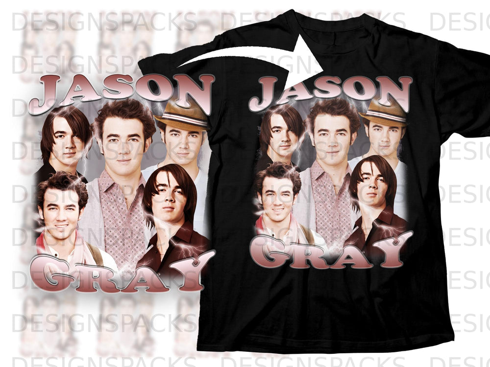 Black t-shirt with "JASON GRAY" in pink metallic font and images of four young men.