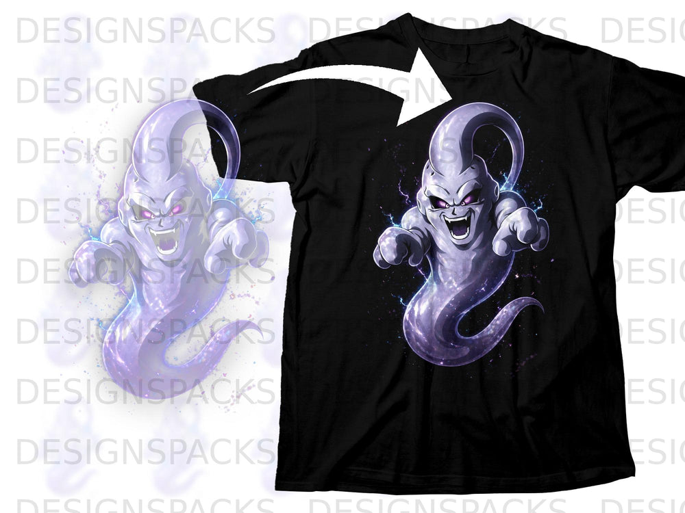 Black t-shirt featuring a purple, animated character with glowing eyes and outstretched hands.