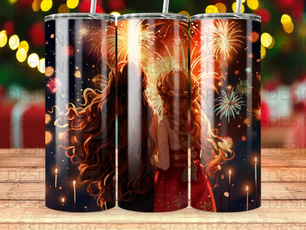 Two girls with braided hair watch fireworks, surrounded by candles.