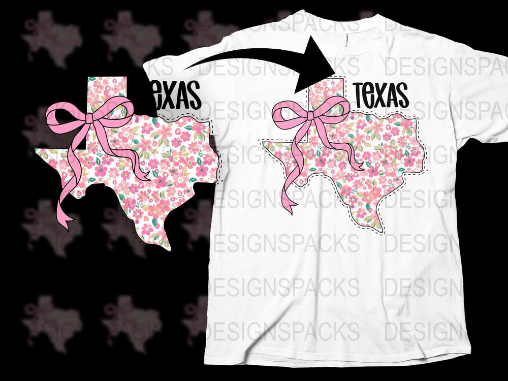 Texas Floral State Map T-Shirt, Pink Bow Graphic Tee, Casual Fashion Top, Women's Stylish Shirt