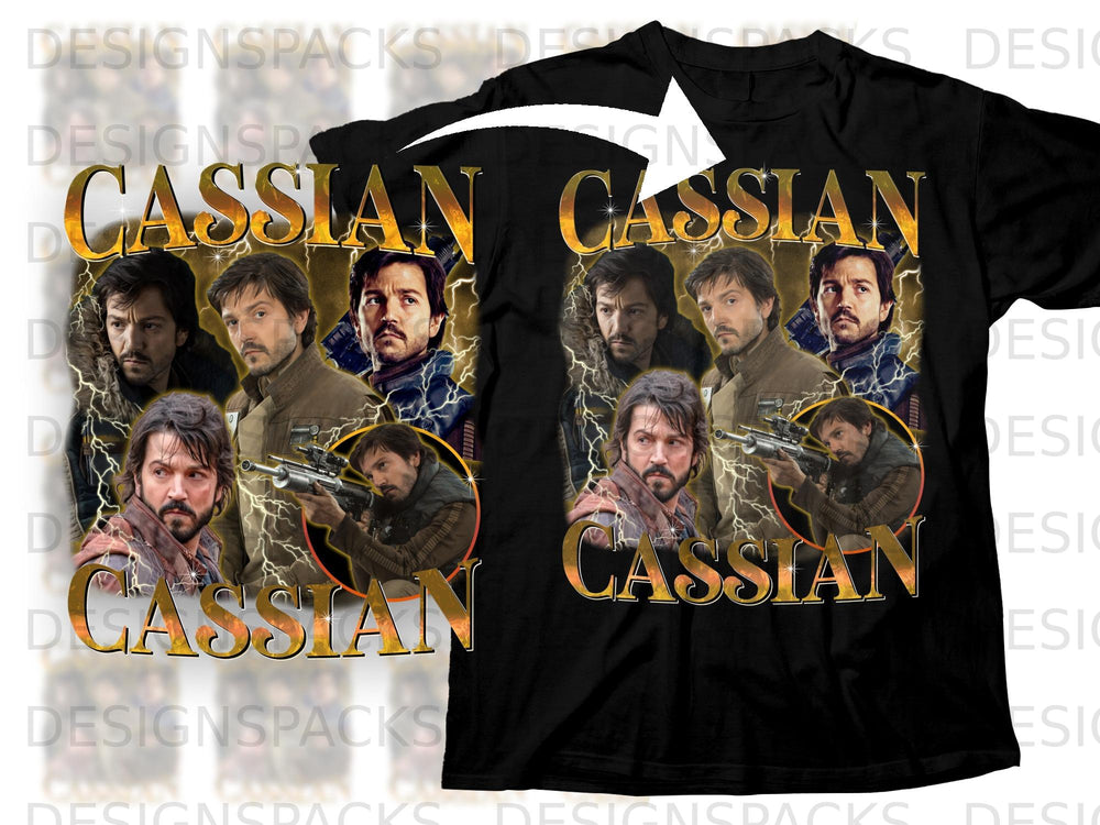 Black t-shirt with four images of Cassian Andor and the text "CASSIAN".