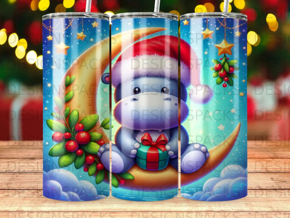 Hippopotamus wearing a Santa hat sits on a moon with gift.