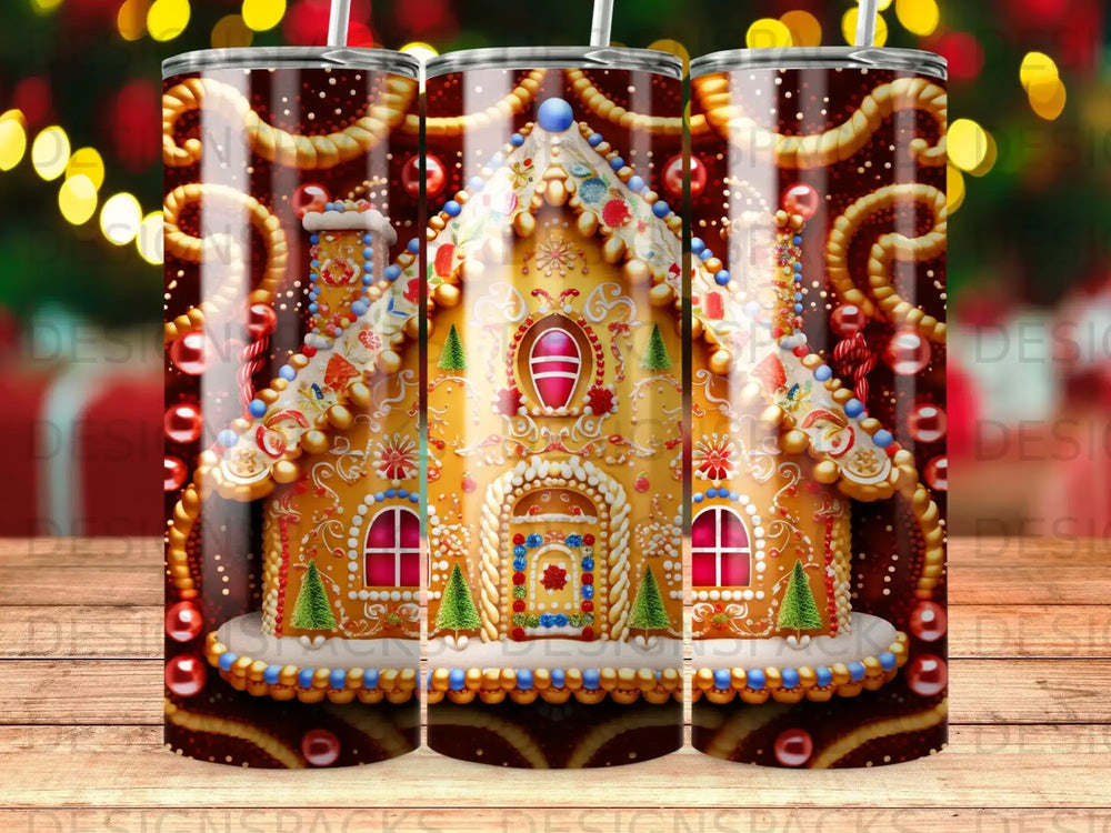 Gingerbread house with red windows and icing details, decorated with candy and berries.