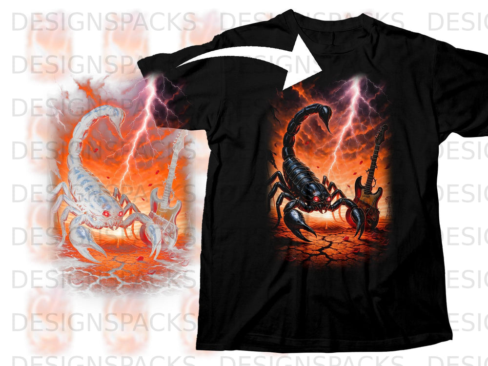 Black t-shirt with a black scorpion, guitars, and lightning.