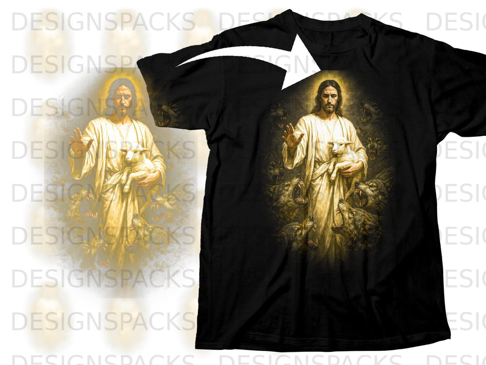 Jesus holding a lamb, surrounded by snarling wolves on a black t-shirt.