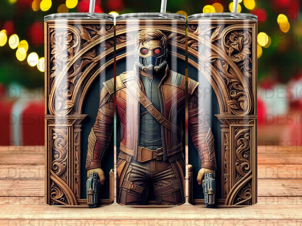 Star-Lord character from Guardians of the Galaxy with pistols, on a tumbler.