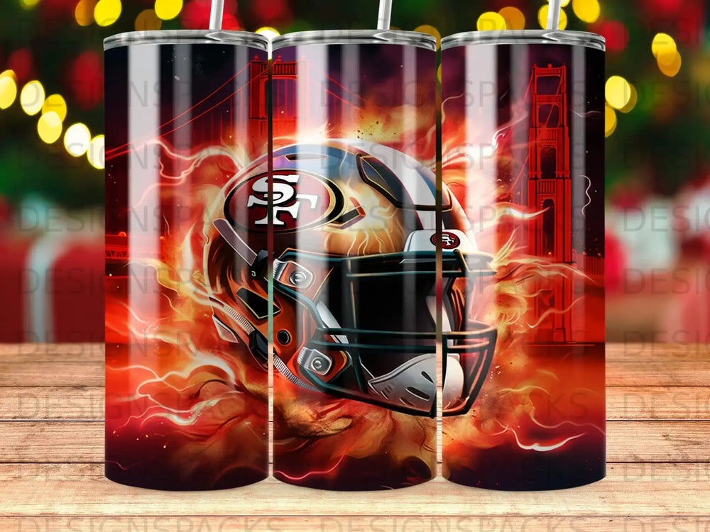 San Francisco 49ers helmet with Golden Gate Bridge in fiery background.