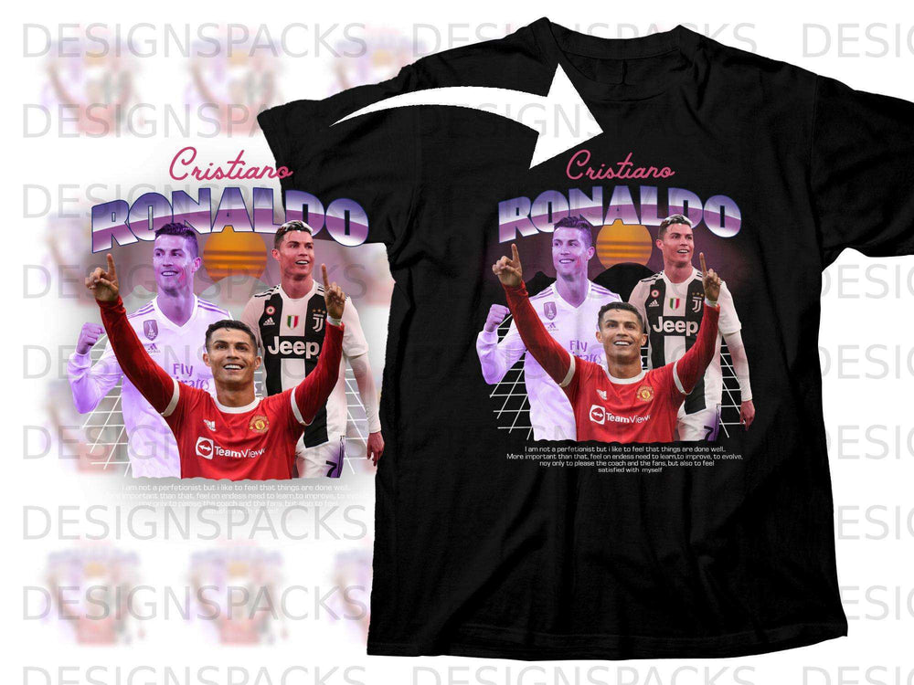 Cristiano Ronaldo graphic tee with motivational quote and sponsor logos.