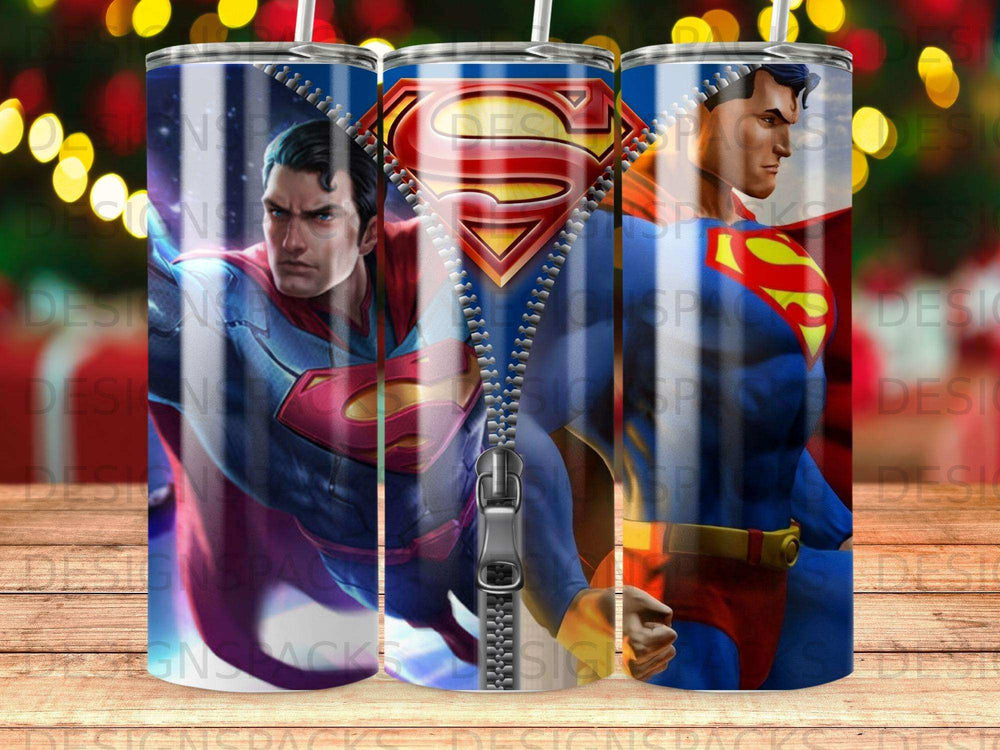 Superman graphic with zipper, on a blue and red striped tumbler.