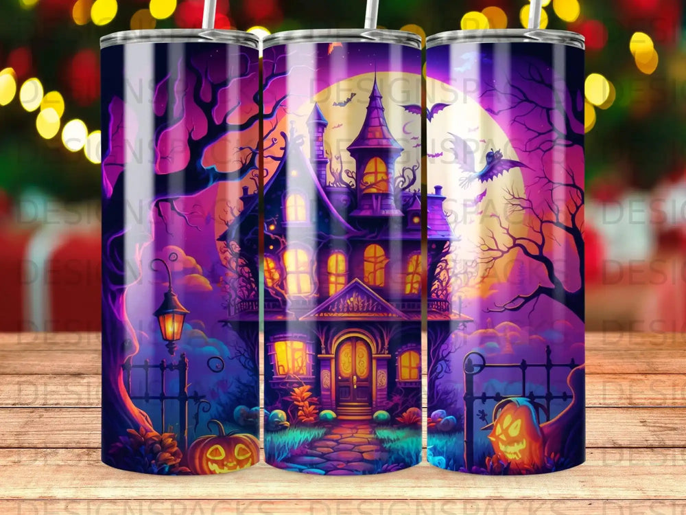 Haunted mansion with spooky Halloween decorations under a full moon.