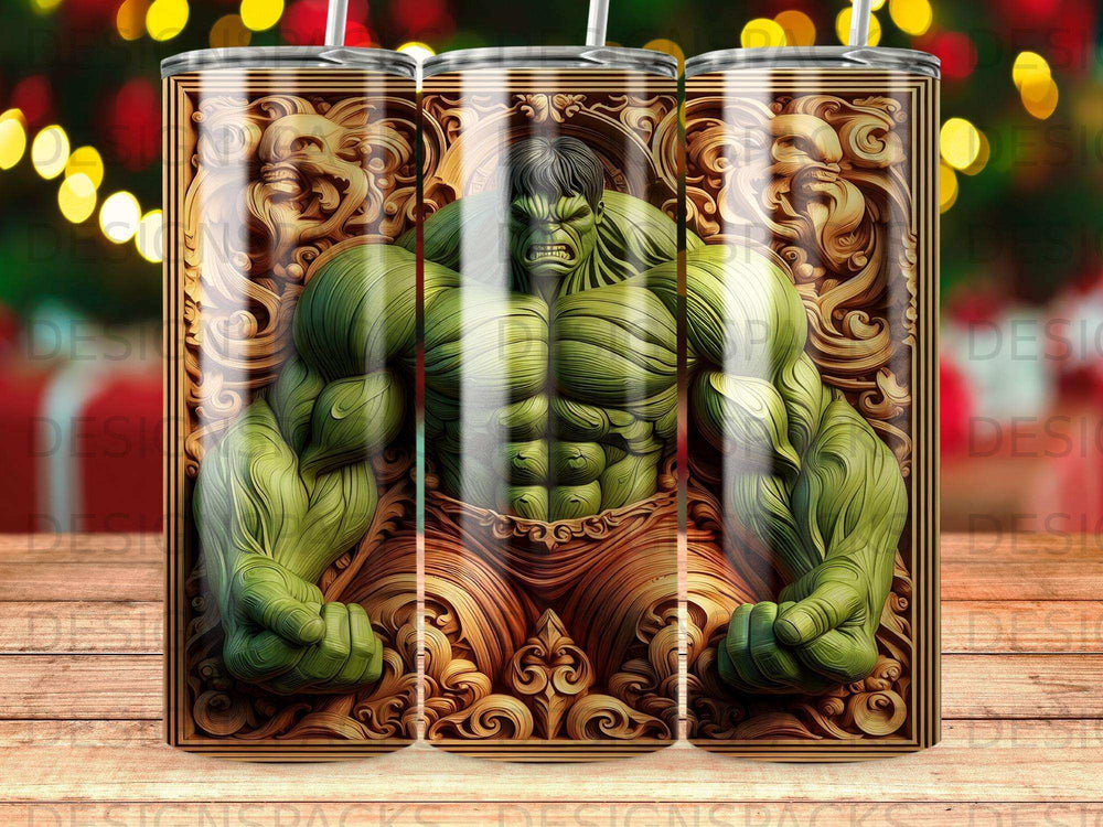 Hulk in ornate gold frame against blurred bokeh background.