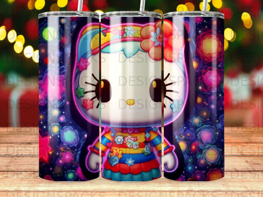 Kawaii cartoon character with colorful floral dress and sparkly background.
