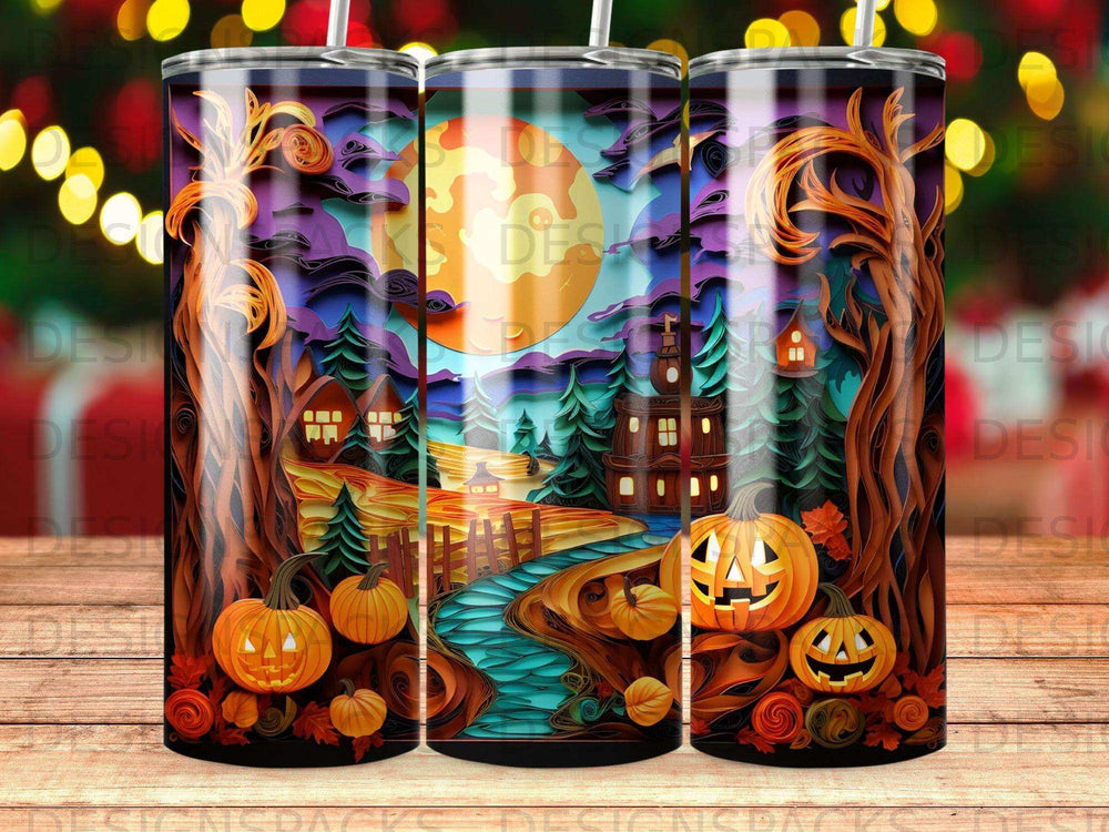 Halloween scene with pumpkins, spooky trees, and a castle under a full moon.