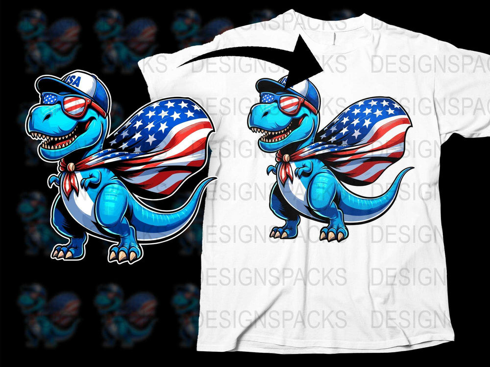 Patriotic Dinosaur T-Shirt with USA Flag and Sunglasses, Cool Dino Graphic Tee, Unisex American Flag Clothing
