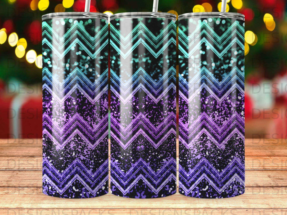 Three tumblers with purple, teal, and blue chevron glitter patterns.