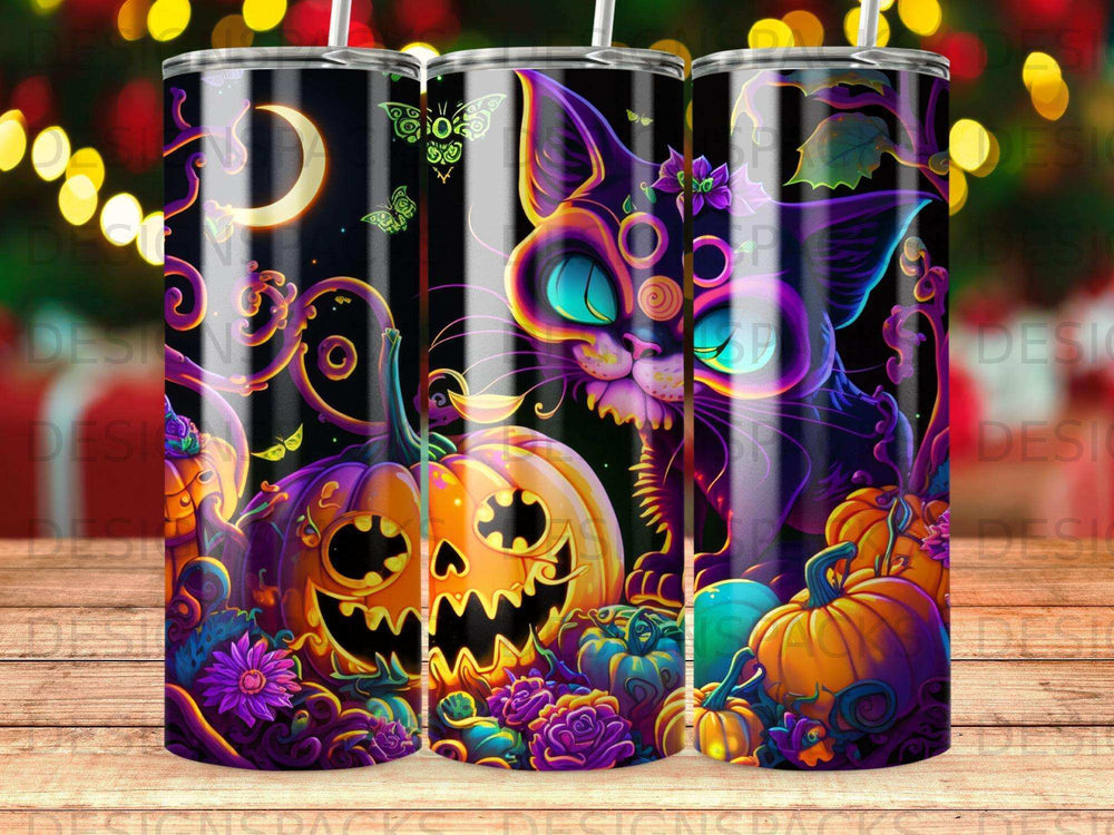 Halloween-themed tumbler with a cat, pumpkins, moon, and butterflies.