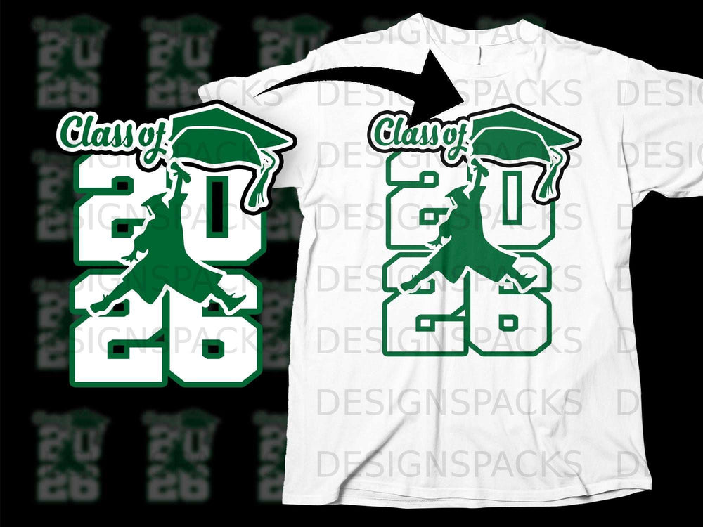 Green "Class of 2026" graduation graphic with graduation cap and person.