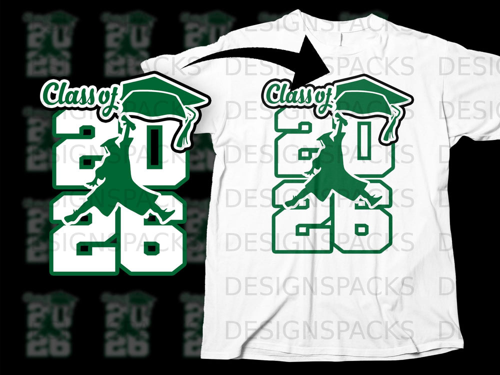 Green "Class of 2026" graduation graphic with graduation cap and person.