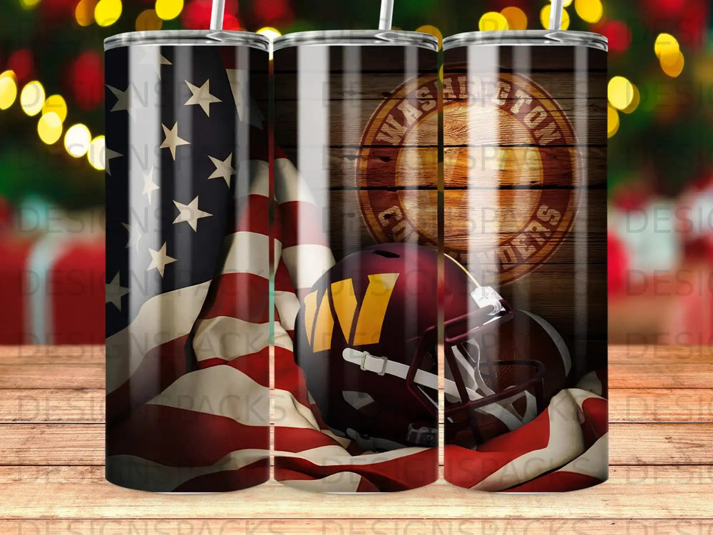 American flag and Washington Commanders football helmet on wooden background.