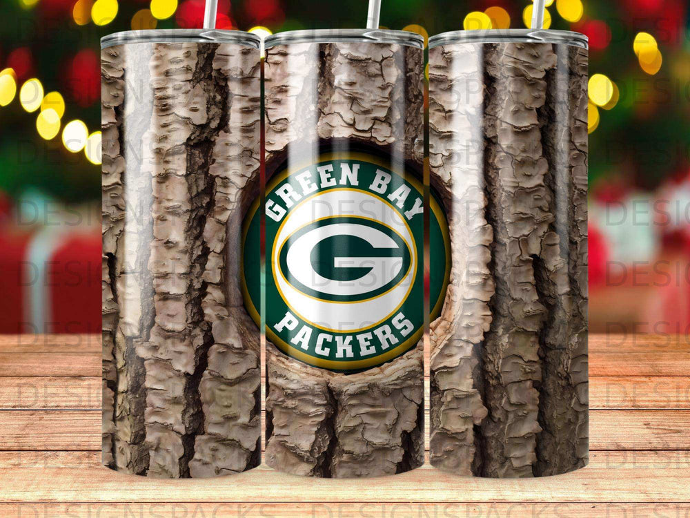 Green Bay Packers logo on a textured tree bark background.