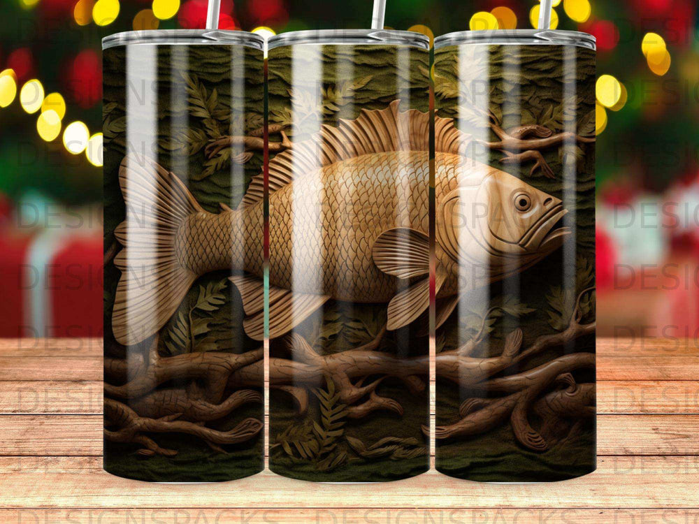 Wooden-carved fish and ferns wrap around a tumbler.
