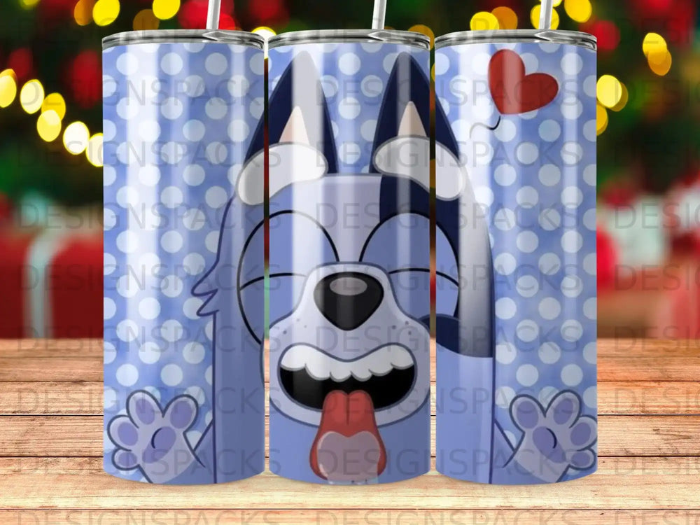 Bluey the dog on a blue polka dot tumbler with heart designs.