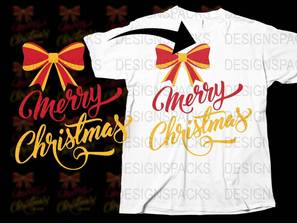 Merry Christmas T-Shirt, Festive Holiday Tee, Red Bow Graphic, Unisex Winter Apparel, Gift Idea